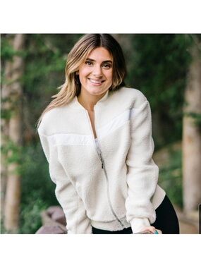 ZYIA Cream Sherpa Bomber Jacket with White Trim